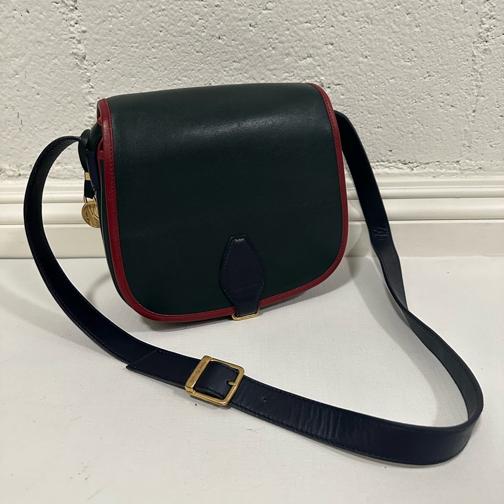 1980's Classic Leather Green Navy and Red Vintage Anne Klein II Crossbody Bag